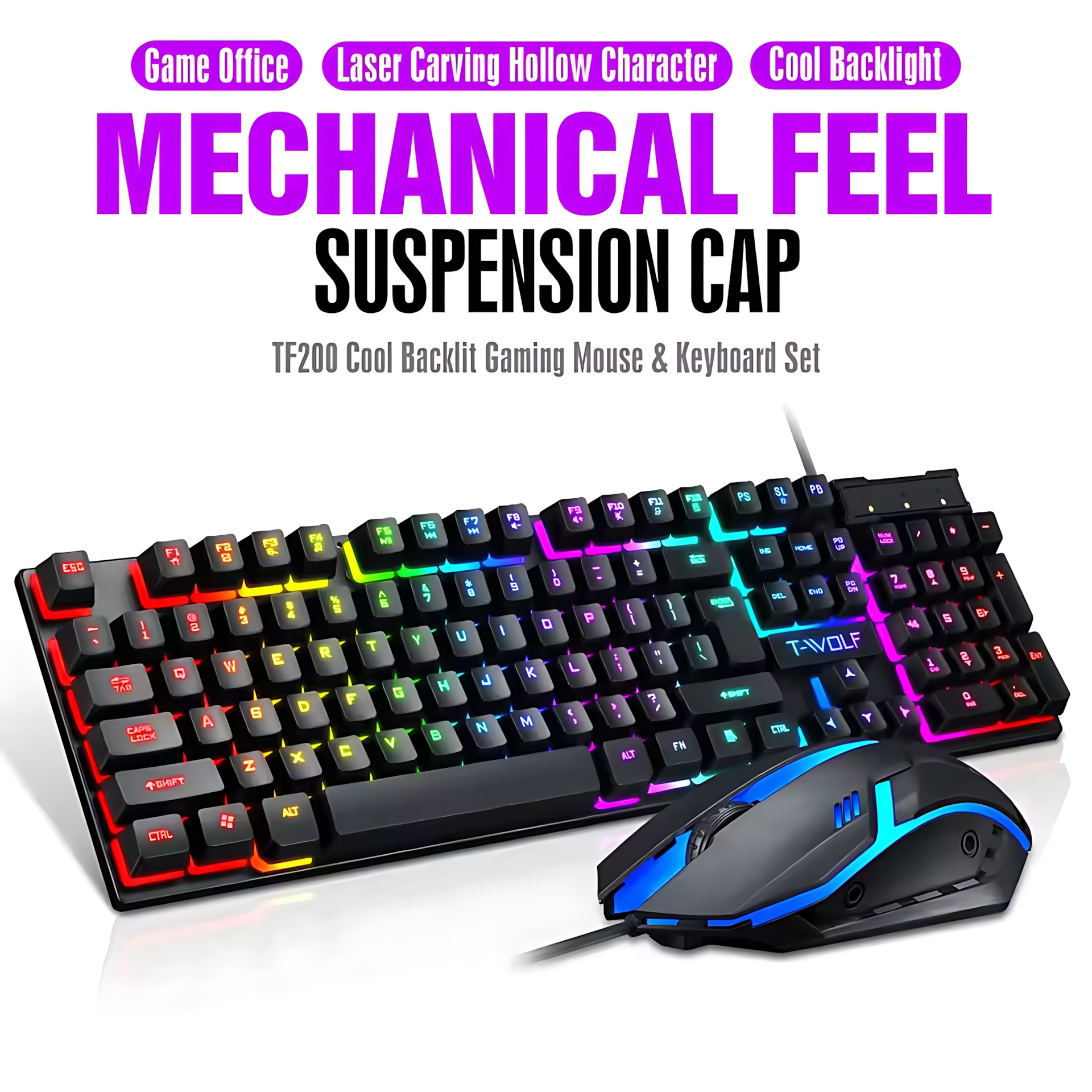Gaming Keyboard Bundle - Rainbow Backlit Wired Keyboard and Mouse,Floating
